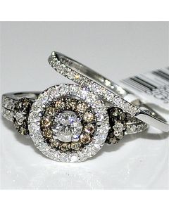 Cognac and White Diamond Wedding Set Round solitaire center with brown halo 1ct 14K Whtie Gold