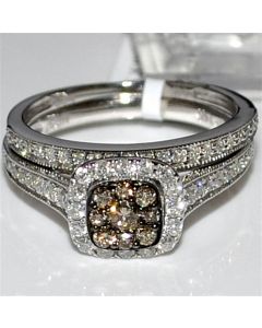 Cognac and White diamond Bridal Set .75ct 14K White Gold Square Halo top