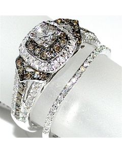 Bridal Set cognac and white Diamonds 2 piece set 14K White Gold 1ct brown halo