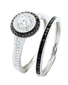 0.5ctw Black And White Diamond Wedding Rings Set 10K White Gold 9mm Halo