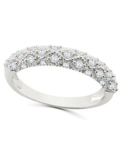 10K White Gold Domed Anniversary Band Milgrain Ring 1/4ctw Diamonds 3.5mm Ladies Wedding Band