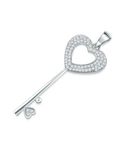 Silver Key Pendant for Her With Heart and CZ 39mm 
