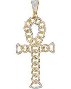 10kt Yellow Gold Mens Diamond Ankh Cross Cuban Link Charm Pendant 7/8 Cttw 