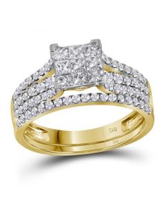 14K Gold Bridal Set 1.00ctw Diamonds Princess Cut and Rounds, Split Side with Matching Band