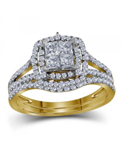 14K Gold Bridal Set with Princess Cut Diamonds Double Halo Style and Split Sides 1.00ctw Diamonds