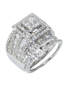 3CT Diamond Bridal Set 14K White Gold Extra Wide Square Halo Princess Cut Diamonds Baguette Side Diamonds 15.5mm Wide