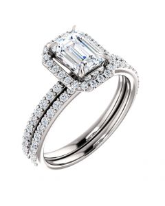 14K White 7x5 mm Emerald Engagement Ring Mounting and Matching Band Set