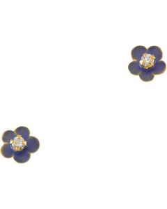 Childrens Periwinkle Enamel Flower Earring With Cubic Zirconia 14K Yellow Gold 