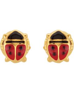 Black & Red Enamel Ladybug Earrings W/Safety Backs And Box 14K Yellow Gold Pair/05.50X05.00Mm Black & Red Enamel Ladybug Earrings W/Safety Backs & Box