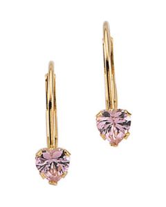 Childrens Pink Cz Heart Lever Back Earring 14K Yellow Gold Pair 12.75 X 04.00 Mm Childrens Pink Cz Heart Leverback Earring