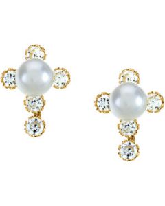 Childrens Pearl And Cz Cross Earrings With Backs 14K Yellow Gold Pair Children'S Pearl & Cz Cross Earrings W/ Backs