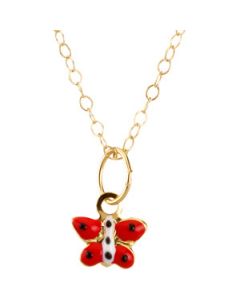 Youth Butterfly Pendant W/Chain 14K Yellow Gold 07.00 Mm Red Enamel