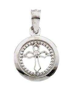 Youth Round Disc Cross Pendant With 15 Chain 14K White Gold 10.75 Mm;P;Childrens Round Disc Cross Pendant With 15 Chain