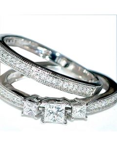 Princess Cut Wedding Rings Set 2pc Ornate 0.5ct 14K White Gold Certified EGL New
