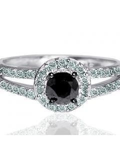 1ct Black diamond Wedding Ring split shoulder halo Round solitaire white gold