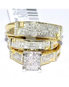 Yellow Gold Trio Wedding Set Mens Women Rings Real 0.5ct Diamonds Princess Pave