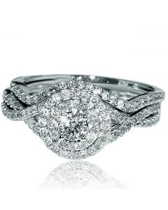 0.75ct Halo Bridal Ring 10k White Gold Engagement Ring and Matching Wedding Band 0.2ct Center