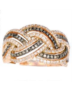 Cognac Brown And White Diamond Rose Gold Ring 0.78ct w Cocktail Anniversary Band Woven 10KR