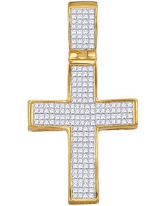 10kt Yellow Gold Mens Princess Diamond Christian Cross Charm Pendant 1-1/2 Cttw 