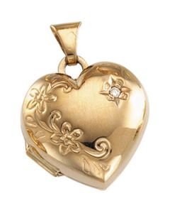 Floral Emboss Heart W/Diamond 14K Yellow Gold 15.25X15
