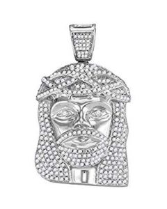 10kt White Gold Mens Diamond Jesus Christ Head Charm Pendant 1-5/8 Cttw
