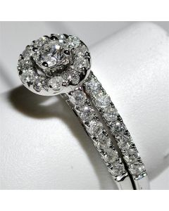 1ct Real Diamond Bridal Set White gold Round Solitaire Halo Engagement band Ring