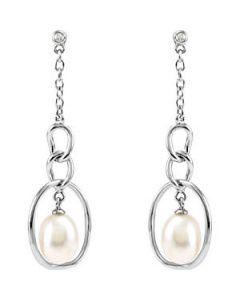 Freshwater Cultured Pearl And Diamond Earrings Sterling Silver  Pair 6.0-6.5 Mm/ .02 Ct Tw Freshwater Cultured Pearl And Diamond Earrings