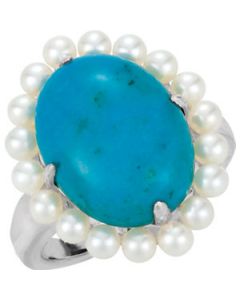 Genuine Chinese Turquoise And Freshwater Cultured Pearl Ring Sterling Silver  16.00X12.00 Mm Genuine Chinese Turquoise And Cultured Pearl Ring