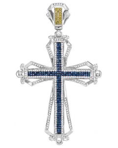 10kt White Gold Mens Blue & Yellow Colored Diamond Cross Charm Pendant 1-1/2 Cttw