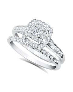 14K White Gold Princess Cut Bridal Set 1/2ctw Double Halo Style Engagement Ring Set 
