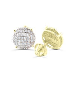 1/2ct Diamond Earrings Round Pave Cluster Gold-Tone Sterling Silver Screw Back 10mm Wide Mens Womens Studs 
