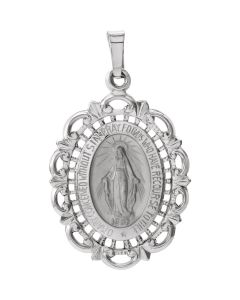 14kt White 25x18mm Oval Filigree Miraculous Medal