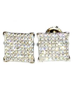 Fashion Earrings Silver With CZ Pave Square Princess Cut Shaped Screw Back 9mm Wide