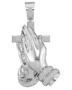 10kt White Gold Mens Diamond Praying Hands & Cross Charm Pendant 7/8 Cttw