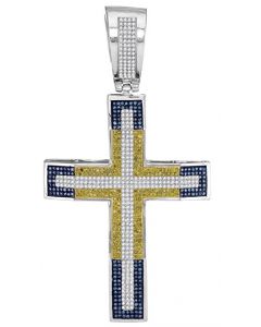 10kt White Gold Mens Yellow & Blue Colored Diamond Roman Cross Charm Pendant 2.00 Cttw