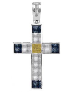 10kt White Gold Mens Blue & Yellow Colored Diamond Roman Cross Religious Charm Pendant 1-3/4 Cttw 