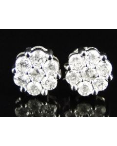 1ct diamond earrings flower set 14K white gold screw on backs 8mm wide 