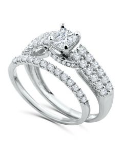 14K White Gold Bridal Set 1.25ctw Princess Cut Solitaire Center 0.45ct Engagement Ring and Band