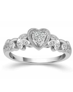 10K White Gold Heart Ring Vintage Style Promise Engagement Ring 1/10ctw Diamond Vines Style 
