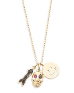 Midwest Jewellery 14K Yellow Gold & Diamond Pendant and Necklace Set Arrow, Skull and Smiley Face Charms 18 Inch 