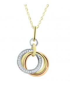 3 Circle Pendant and Necklace Set Tri Color Sterling Silver and CZ Interlocking Circles 