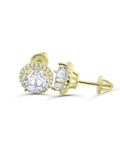 Halo Earrings Large Round Solitaire Style Screw Back 11mm 14K Gold-Tone Silver Mens or womens earrings 