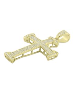 Mens 14K Gold-Tone Silver Cross Pendant Charm Fashion Cross With CZ 2 inch Tall 