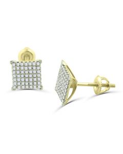 10K Gold Diamond Earrings Square Shaped Pave Set Screw Back Mens Earrings 9mm Wide
