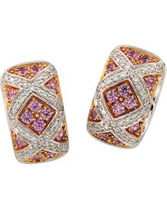 14Kw/Rose Gold Plated Genuine Pink Sapphire And Diamond Earring 14K White Gold Pair