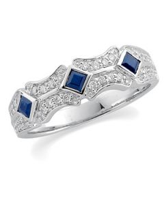 Diamond And Genuine Sapphire Anniversary Band 14K White Gold 1/3 Ct Tw