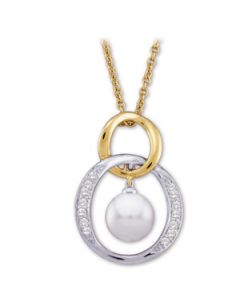 Two Tone Akoya Pearl And Diamond Necklace 14K Yellow/White Gold 07.50 Mm/ 1/6 Ct Tw