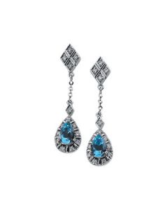 Genuine Aqua And Diamond Earring 14K White Gold Pair 06.00 X 04.00 Mm/ 1/6 Ct Tw