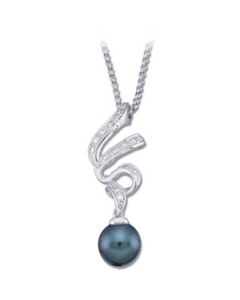 Black Cultured Pearl And Diamond Necklace 14K White Gold 08.00 Mm/ 1/5 Ct Tw