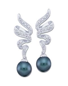 Black Cultured Pearl And Diamond Earring 14K White Gold Pair 08.00 Mm/ 1/4 Ct Tw